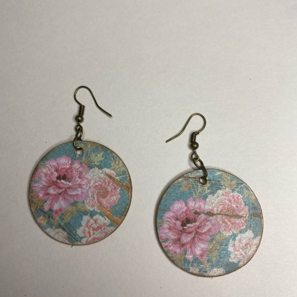 Handmade wood floral earrings.